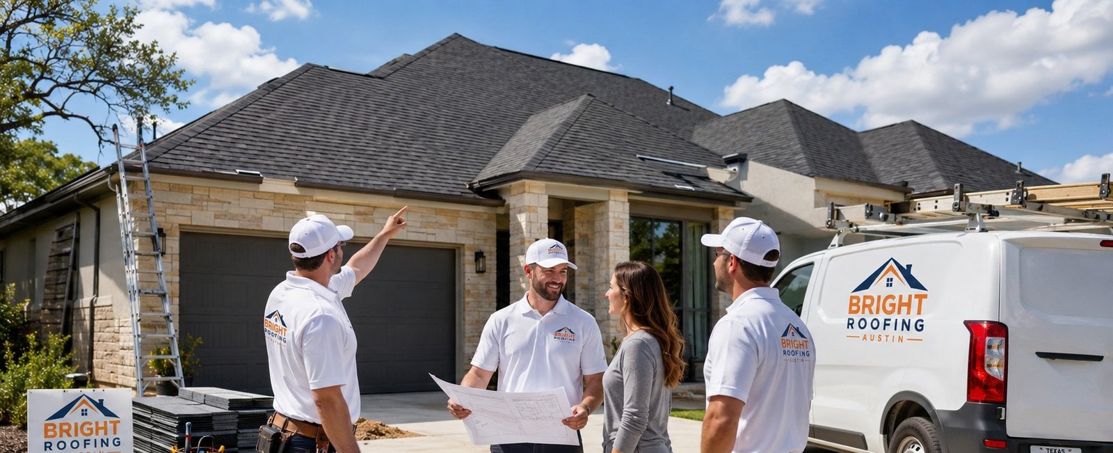 Gregory Powell and the Bright Roofing Austin crew reviewing roof plans in front of a stone home in Austin, with the branded service van in the driveway